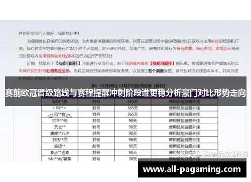 赛前欧冠晋级路线与赛程提醒冲刺阶段谁更稳分析豪门对比形势走向
