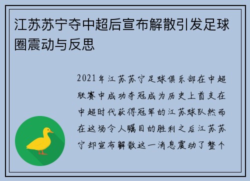 江苏苏宁夺中超后宣布解散引发足球圈震动与反思